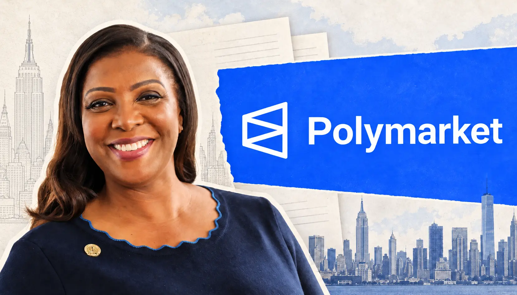 Editorial illustration of New York Attorney General Letitia James beside the Polymarket logo and Manhattan skyline.