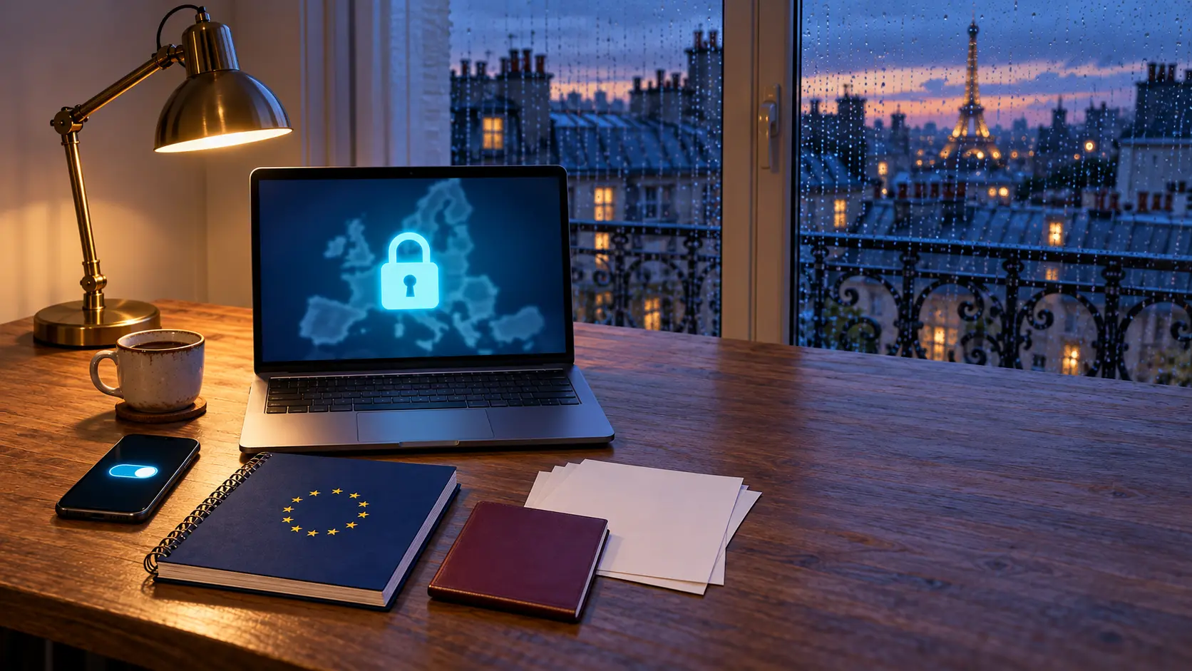 A laptop showing a padlock over a map of Europe on a desk beside an EU-flagged regulatory report, with Paris rooftops at dusk behind it