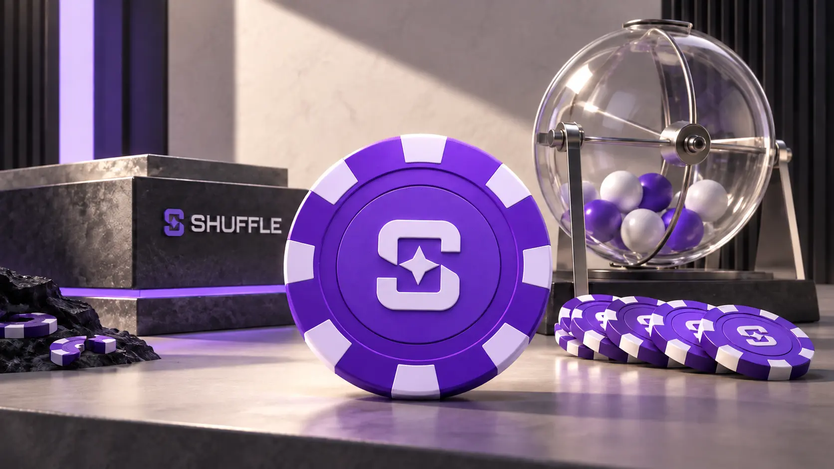 Editorial illustration of a purple SHFL token beside Shuffle branding and a lottery draw machine