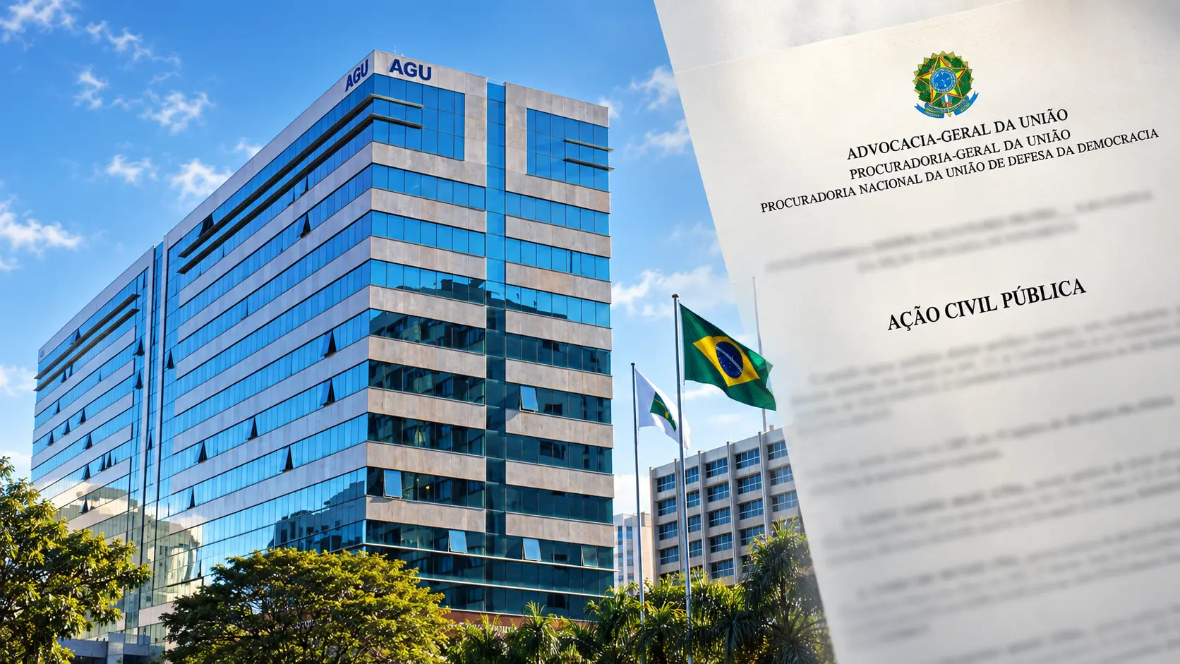 Editorial illustration of Brazil’s AGU headquarters beside its public civil action complaint