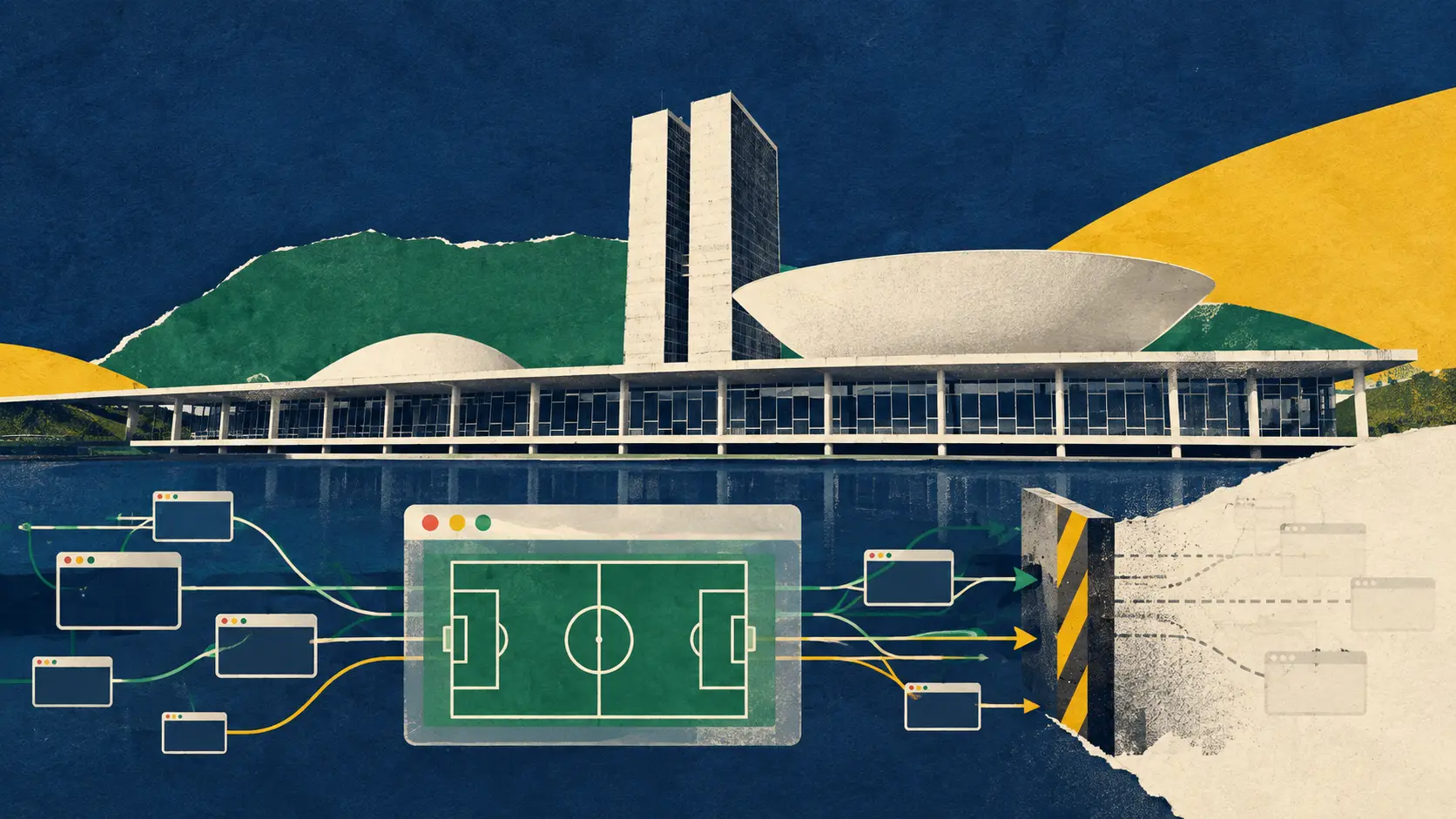 Editorial illustration of Brazil's Congress above a network of betting website windows and a partial blocking barrier