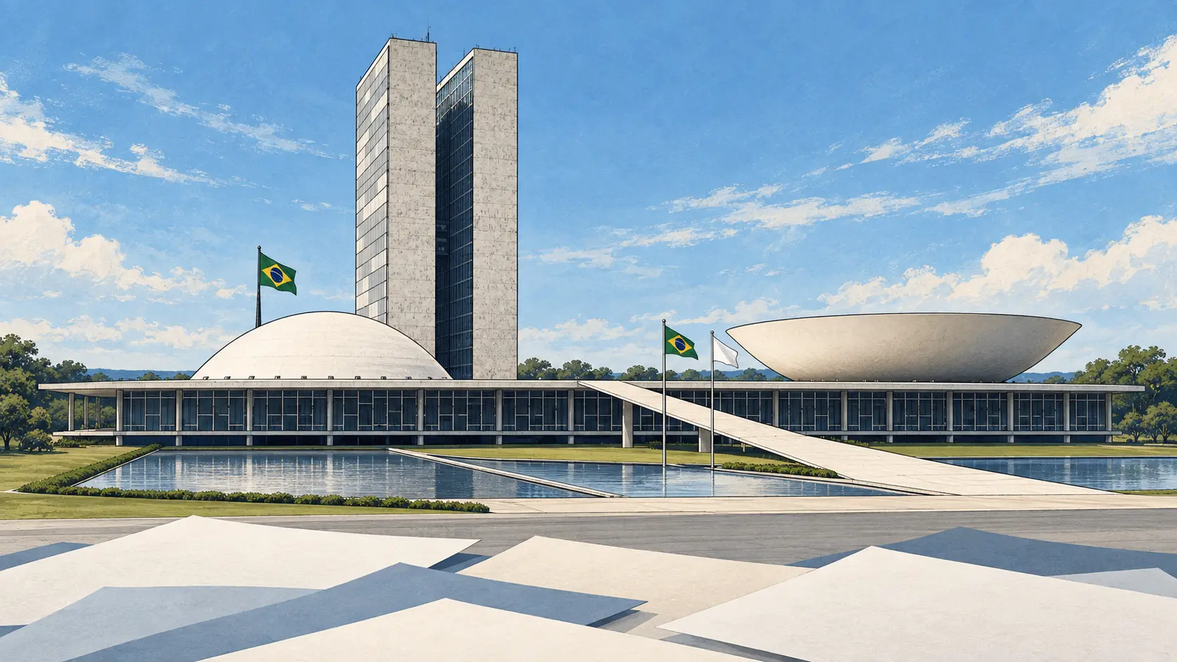 Editorial illustration of Brazil's National Congress in Brasília with its twin towers, Senate dome and Chamber bowl.