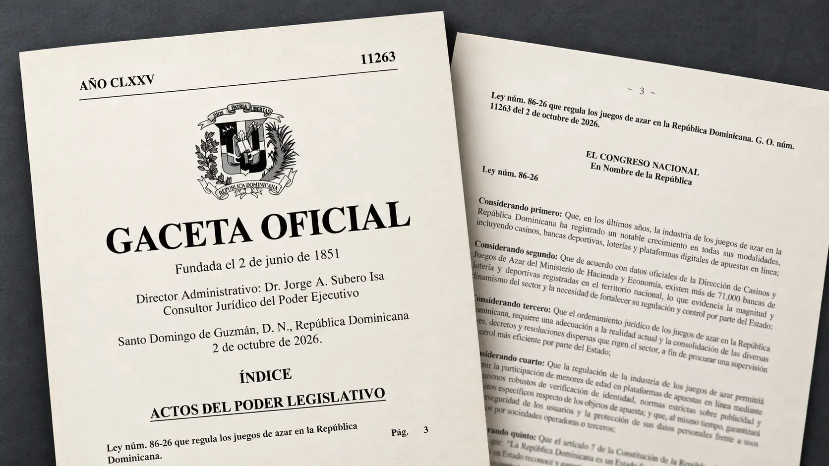 Editorial illustration of Dominican Republic Official Gazette 11263 and Law 86-26.