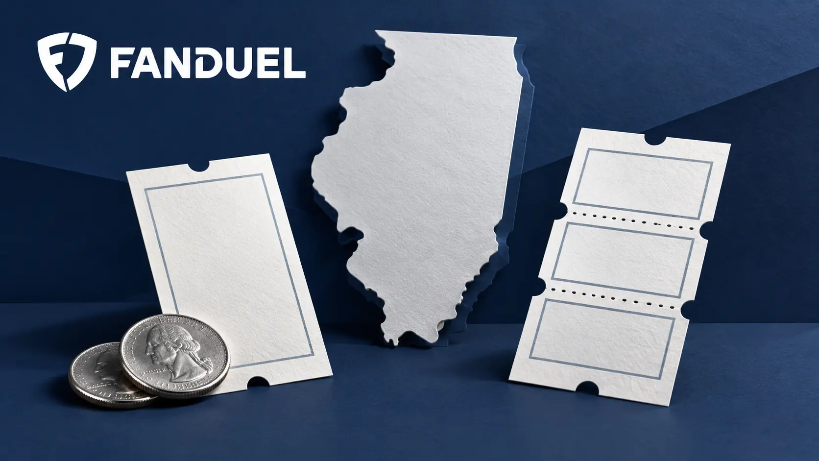 Editorial illustration of FanDuel’s Illinois fee with single and parlay tickets beside two quarters