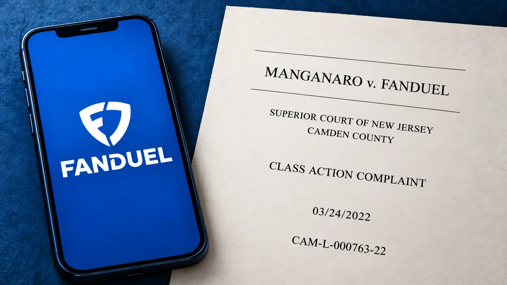 Editorial illustration of FanDuel branding beside the filed 2022 New Jersey complaint