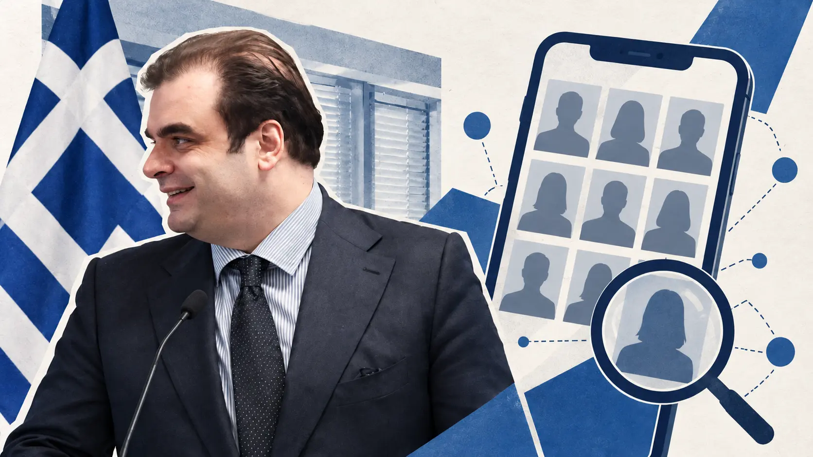 Editorial illustration of Greek Finance Minister Kyriakos Pierrakakis beside anonymous social media profiles on a phone.