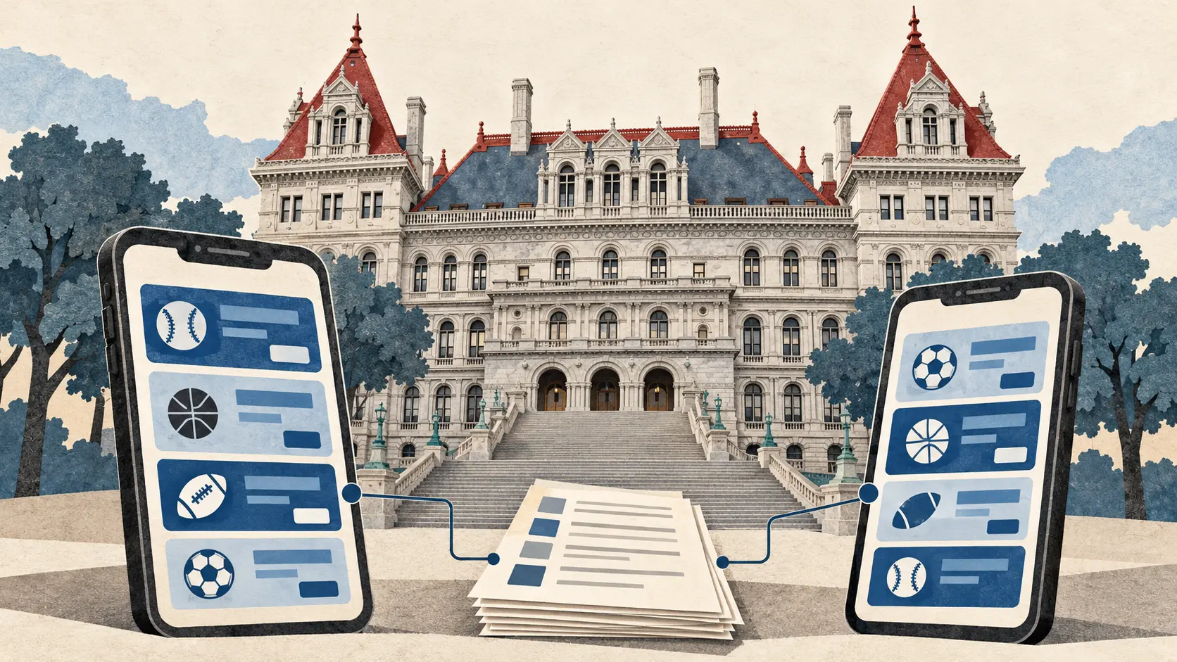 Editorial illustration of the New York State Capitol, contrasting betting-offer screens and regulatory records