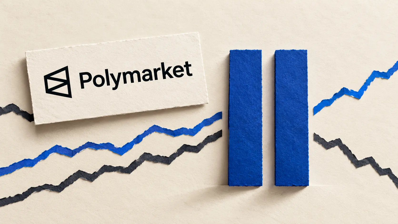 Polymarket wordmark beside a blue pause symbol in a paper collage illustrating self-exclusion