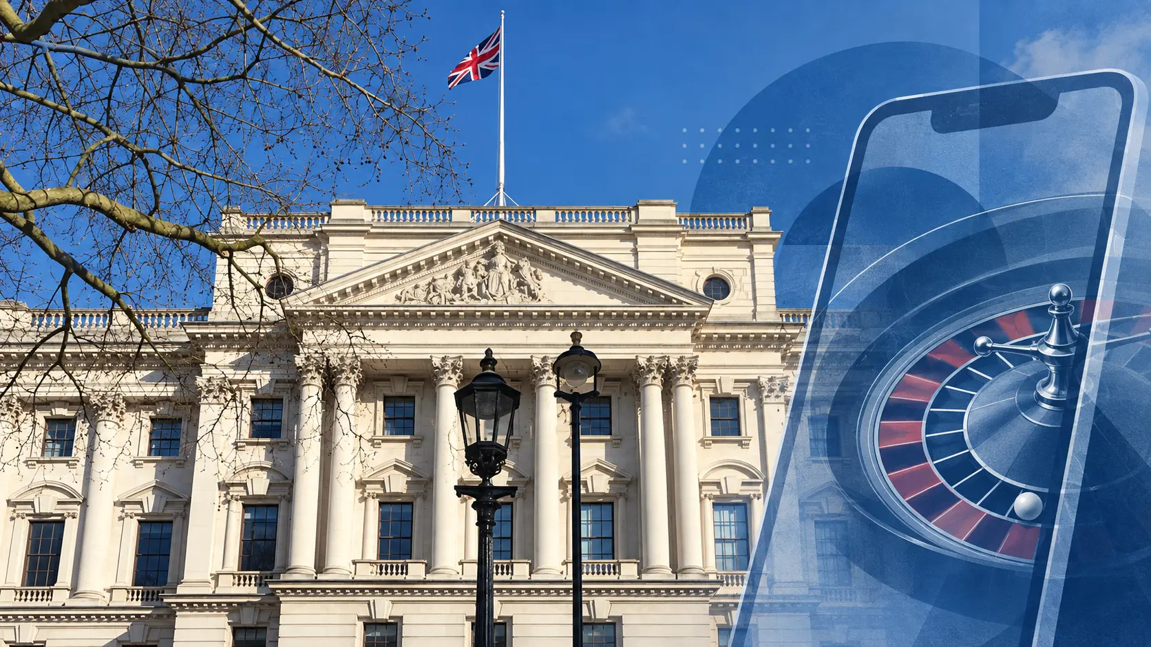 Editorial illustration of the 100 Parliament Street facade and an online roulette motif