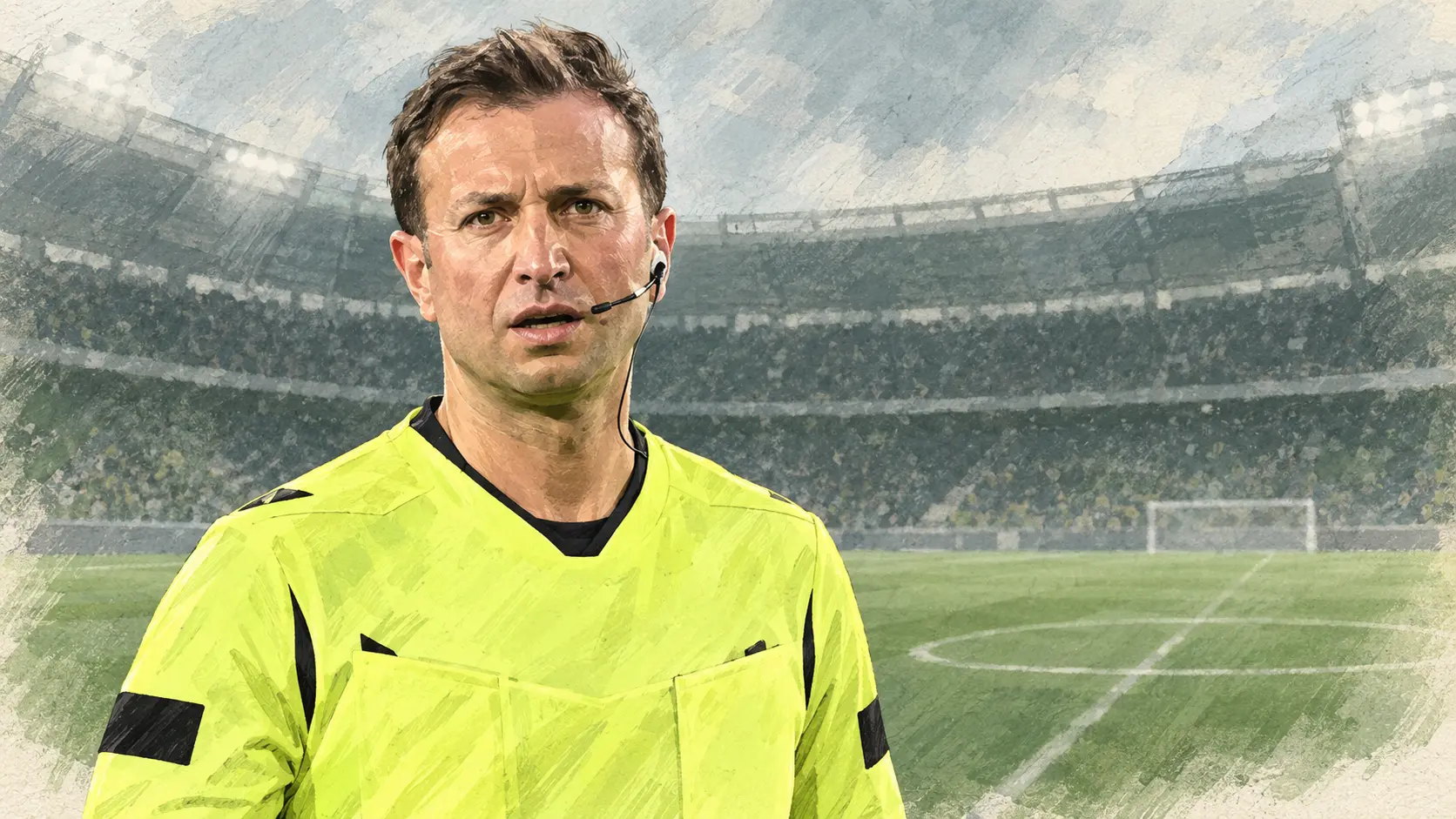 AI-generated editorial illustration of Yasin Kol in a yellow referee jersey against a football stadium.